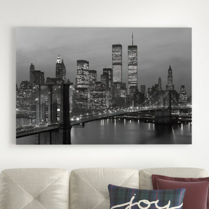 1980s New York City Lower Manhattan Skyline Brooklyn Bridge World Trade Center’ – Wrapped Canvas Photograph Print - Chic Decora