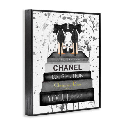 Glam Fashion Book Stack Grey Bow Pump Heels Ink' Graphic Art Print