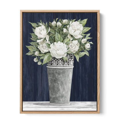 Punched Tin White Floral’ by Cindy Jacobs, White & Blue Floral Fine Art Gallery Canvas Print - Chic Decora