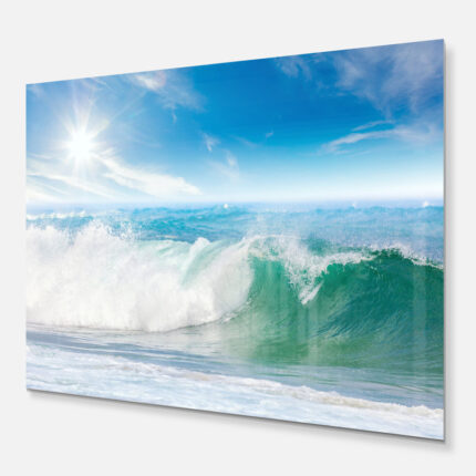 White and Blue Waves under Sun Seashore’ Photographic Print on Wrapped Canvas - Chic Decora