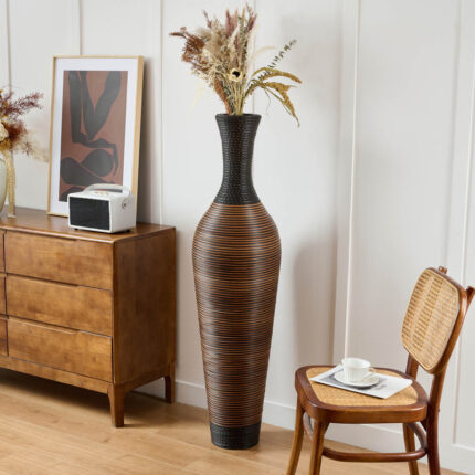Aaban 51″ Tall Floor Vase, Handwoven PVC Rattan, Two-Tone Brown & Black, Large Decorative Vase - Chic Decora