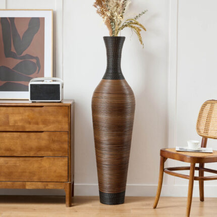 Aaban 51″ Tall Floor Vase, Handwoven PVC Rattan, Two-Tone Brown & Black, Large Decorative Vase - Chic Decora