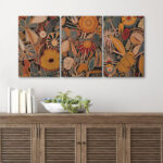 Abstract Botanical " Bold Bohemian Flower Artwork Above Sofa, Vintage Orange Brown Master Bedroom Wall Pictures, 3 Pieces Giclée Canvas Digital Print Framed Wall Art " - Image 4