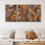 Abstract Botanical " Bold Bohemian Flower Artwork Above Sofa, Vintage Orange Brown Master Bedroom Wall Pictures, 3 Pieces Giclée Canvas Digital Print Framed Wall Art " - Image 7