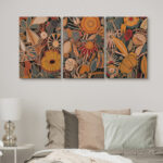 Abstract Botanical " Bold Bohemian Flower Artwork Above Sofa, Vintage Orange Brown Master Bedroom Wall Pictures, 3 Pieces Giclée Canvas Digital Print Framed Wall Art " - Image 8