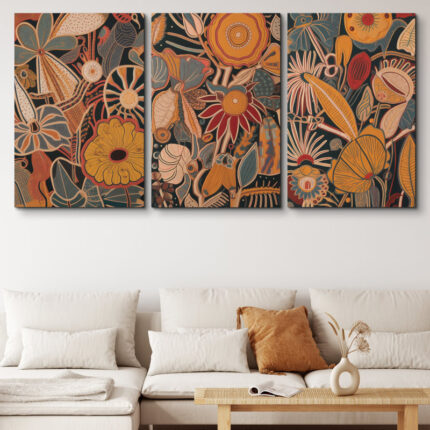 Abstract Botanical ” Bold Bohemian Flower Artwork Above Sofa, Vintage Orange Brown Master Bedroom Wall Pictures, 3 Pieces Giclée Canvas Digital Print Framed Wall Art “ - Chic Decora