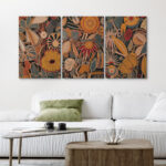 Abstract Botanical " Bold Bohemian Flower Artwork Above Sofa, Vintage Orange Brown Master Bedroom Wall Pictures, 3 Pieces Giclée Canvas Digital Print Framed Wall Art " - Image 2