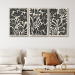 Abstract Botanical " Mid-Century Modern Boho Floral Artwork Above Sofa, Bold Black And White Living Room Pictures, 3 Pieces Giclée Canvas Digital Print Framed Wall Art " - Image 3