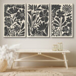 Abstract Botanical " Mid-Century Modern Boho Floral Artwork Above Sofa, Bold Black And White Living Room Pictures, 3 Pieces Giclée Canvas Digital Print Framed Wall Art " - Image 8