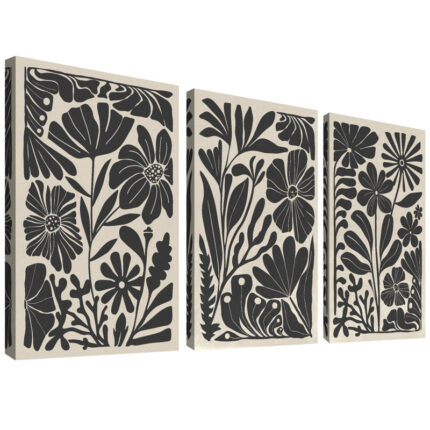 Abstract Botanical " Mid-Century Modern Boho Floral Artwork Above Sofa, Bold Black And White Living Room Pictures, 3 Pieces Giclée Canvas Digital Print Framed Wall Art "
