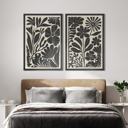 Abstract Botanical " Unique Black And White Floral Modern Boho Framed Canvas Print 2 Pieces Wall Art
