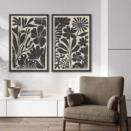 Abstract Botanical ” Unique Black And White Floral Modern Boho Framed Canvas Print 2 Pieces Wall Art - Chic Decora