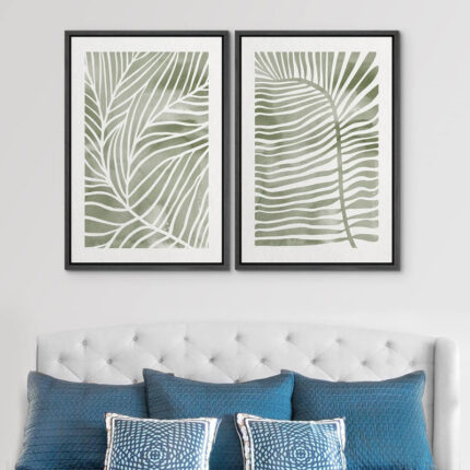Abstract Botanical Sage Green Tropical Abstract Palm Tree Leaves Modern Art Simple Framed Canvas 2 Piece Print Wall Art - Chic Decora