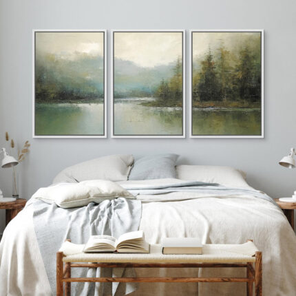 Abstract Landscape ” Emerald Green Pastel Pine Tree Forest Nature Rustic ” 3 – Pieces - Chic Decora