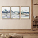 Abstract Landscape Boat In Lake Mountain Nature Landscape Modern Pictures Framed Canvas 3 Piece Painting Print Wall Art - Image 3