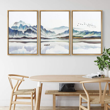 Abstract Landscape Boat In Lake Mountain Nature Landscape Modern Pictures Framed Canvas 3 Piece Painting Print Wall Art - Chic Decora