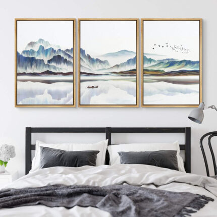 Abstract Landscape Boat In Lake Mountain Nature Landscape Modern Pictures Framed Canvas 3 Piece Painting Print Wall Art - Chic Decora