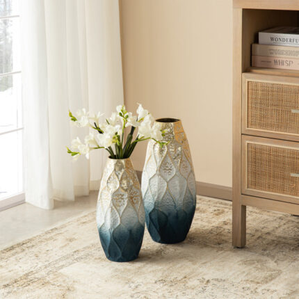 Abstract Ombre Blue And Gold Metal Vase Floor Vase (Set of 2) - Chic Decora