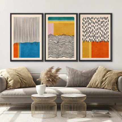 Abstract Vibrant Color Blocks ” Mid-century Modern Multicolor Block Colorful Framed Abstract Geometric Canvas Print Wall Art ” 3 – Pieces - Chic Decora