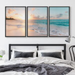 Aesthetic Sunset on Teal Ocean Coastal Beach Shore Framed Canvas 3 Pieces Print Triptych Wall Art - Image 4