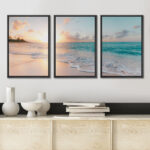 Aesthetic Sunset on Teal Ocean Coastal Beach Shore Framed Canvas 3 Pieces Print Triptych Wall Art - Image 7