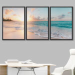 Aesthetic Sunset on Teal Ocean Coastal Beach Shore Framed Canvas 3 Pieces Print Triptych Wall Art - Image 8