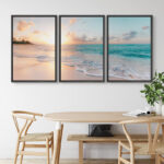 Aesthetic Sunset on Teal Ocean Coastal Beach Shore Framed Canvas 3 Pieces Print Triptych Wall Art