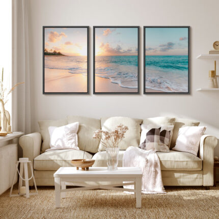 Aesthetic Sunset on Teal Ocean Coastal Beach Shore Framed Canvas 3 Pieces Print Triptych Wall Art - Chic Decora