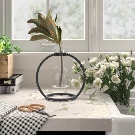 Alan 8″ Clear and Black Glass and Metal Abstract Cylinder Table Vase - Chic Decora