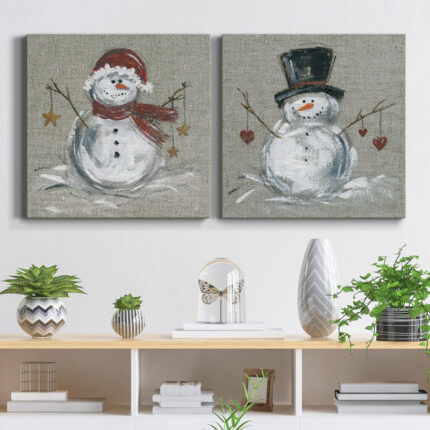 Aleman Linen Snowman I - 2 Piece Wrapped Canvas Print Set
