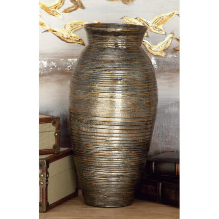 Alexander Bamboo Wood Textured Brown Decorative Vase with Lacquer - Chic Decora