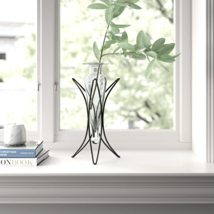 Alwie Glass Table Vase on Half Moon Metal Stand - Chic Decora