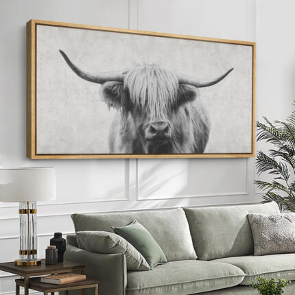 Animals “Portrait Of A Highland Cow Black And White Modern Art Extra Large Framed Wall Pictures - Chic Decora