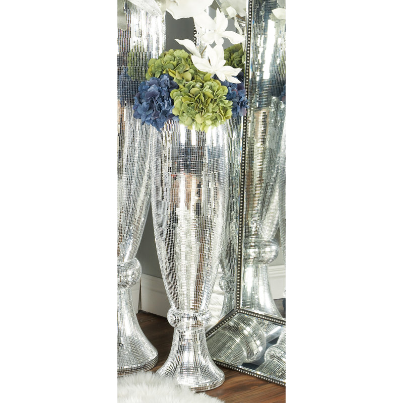 Antigo Polystone Tall Champagne Flute Shape Decorative Silver Vase with Mosaic Mirror Inlay - Chic Decora
