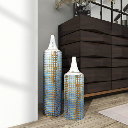 Armeta Metal Distressed Tall Geometric Decorative Vase with Grid Pattern and Gold Accents - Chic Decora