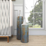 Armeta Metal Distressed Tall Geometric Decorative Vase with Grid Pattern and Gold Accents