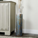 Armeta Metal Distressed Tall Geometric Decorative Vase with Grid Pattern and Gold Accents - Image 4