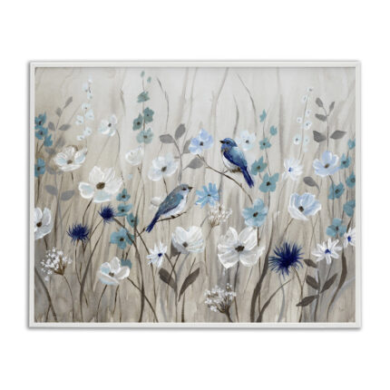 Birds Floral Meadow Blue White Blossoms by Nan – Painting - Chic Decora