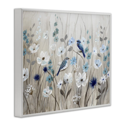 Birds Floral Meadow Blue White Blossoms by Nan – Painting - Chic Decora
