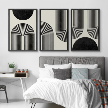 Black Mid-Century Modern Contemporary Pictures Boho Home Decor – Framed Canvas Print Wall Art Work - Chic Decora