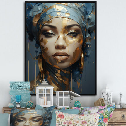 Blue And Gold African Woman Portrait – African Art Canvas Art - Chic Decora