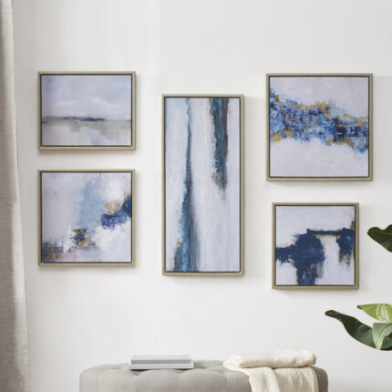Blue Drift Abstract 5-piece Framed Canvas Gallery Wall Art Set - Chic Decora