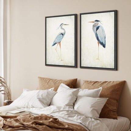 Blue Heron Bird Portrait Coastal Beach Decor – Framed Canvas Master Bedroom Wall Art Set 2 Print - Chic Decora