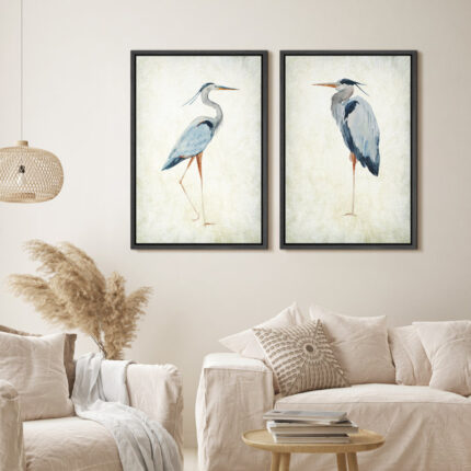 Blue Heron Bird Portrait Coastal Beach Decor – Framed Canvas Master Bedroom Wall Art Set 2 Print - Chic Decora