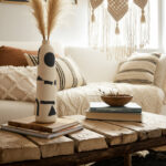 Boho 15'' Stoneware & Suar Wood Vase in Ivory with Black Geometric Pattern - Decorative Ceramic Accent for Home, Office, Bedroom, or Living Room Decor - Image 5