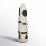 Boho 15'' Stoneware & Suar Wood Vase in Ivory with Black Geometric Pattern - Decorative Ceramic Accent for Home, Office, Bedroom, or Living Room Decor