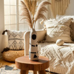 Boho 15'' Stoneware & Suar Wood Vase in Ivory with Black Geometric Pattern - Decorative Ceramic Accent for Home, Office, Bedroom, or Living Room Decor - Image 2