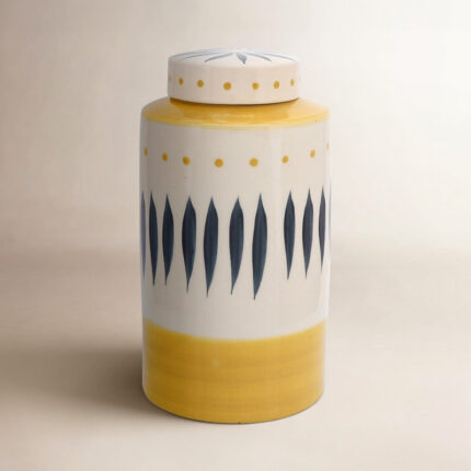 Boho Ceramic Stoneware Jar with Handpainted Lid Detailing and Decorative Etched Leaf Motif for Eclectic Display and Functional Accent Storage in Contemporary Artisan Design - Chic Decora