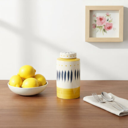 Boho Ceramic Stoneware Jar with Handpainted Lid Detailing and Decorative Etched Leaf Motif for Eclectic Display and Functional Accent Storage in Contemporary Artisan Design - Chic Decora