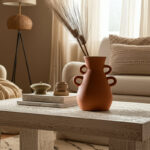 Boho Pottery Terracotta Vase with Sculptural Handles and Artisan-Inspired Craftsmanship for Decorative Accent Display in Global Eclectic Modern Rustic Farmhouse Mediterranean Interiors Decor